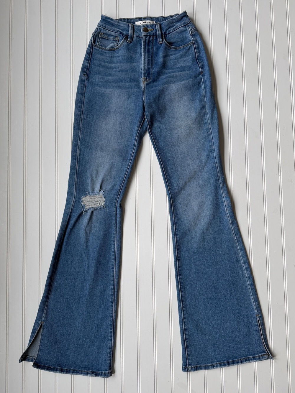 Dogma Jeans Women's 2/3 Tall Blue Light Wash High Rise Flare Jeans Distressed